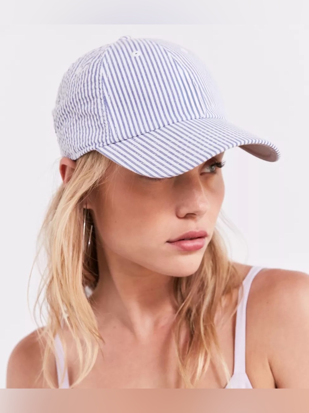 American Needle blue-and-white striped seersucker baseball cap. This classic